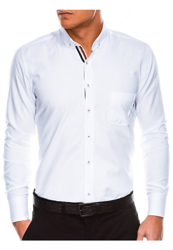 Ombre Clothing - Koszula męska z kontrastową plisą REGULAR FIT K490 - biała - XL. Typ kołnierza: button down. Kolor: biały. Materiał: bawełna, tkanina, poliester. Długość rękawa: długi rękaw. Długość: długie. Styl: elegancki