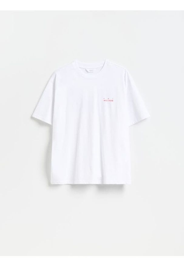 Reserved - T-shirt boxy z nadrukiem na plecach - biały. Kolor: biały. Materiał: bawełna, dzianina. Wzór: nadruk