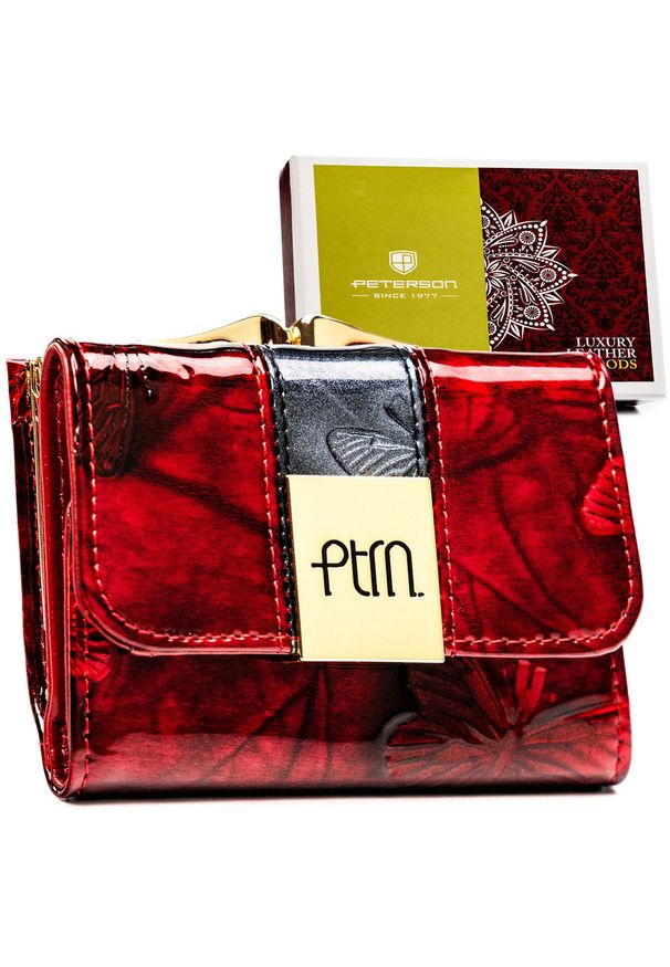 Mały, skórzany portfel damski w czerwonym kolorze zamykany na zatrzask i bigiel - Peterson. Kolor: czerwony. Materiał: skóra