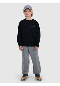 4f - 4F Bluza dresowa nierozpinana bez kaptura chłopięca - czarna 122 (6-7 lat). Okazja: na co dzień. Typ kołnierza: bez kaptura. Kolor: czarny. Materiał: dresówka. Wzór: gładki, ze splotem, napisy. Sezon: lato. Styl: klasyczny, sportowy, casual