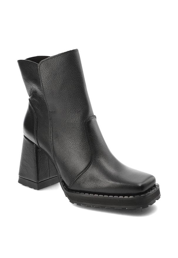 Czarne Botki Exquisite Modne Skórzane Buty Na Obcasie. Kolor: czarny. Materiał: skóra. Szerokość cholewki: normalna. Obcas: na obcasie. Wysokość obcasa: średni