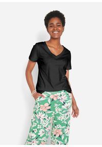 bonprix - T-shirt z czystej bawełny. Typ kołnierza: dekolt w serek. Kolor: czarny. Materiał: bawełna. Długość rękawa: krótki rękaw. Długość: krótkie #1