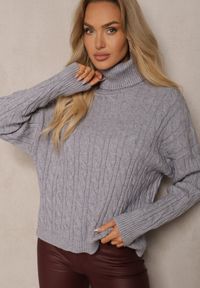 Renee - Szary Golf z Wiskozą o Ozdobnym Splocie Cialisee. Okazja: na co dzień, na spotkanie biznesowe. Typ kołnierza: golf. Kolor: szary. Materiał: wiskoza. Długość rękawa: długi rękaw. Długość: długie. Wzór: ze splotem. Styl: biznesowy, elegancki, casual #3