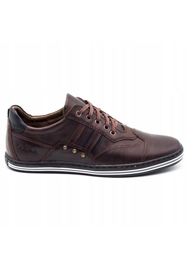 Polbut Buty męskie casual 1801 ciemny brąz brązowe. Okazja: na co dzień. Zapięcie: pasek. Kolor: brązowy. Materiał: skóra, jeans. Wzór: paski. Sezon: jesień, lato, wiosna. Styl: casual