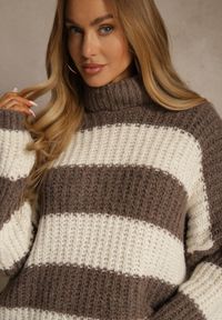 Renee - Brązowy Golf z Wiskozą i Wełną Ozdobiony Motywem Pasków Monorra. Okazja: na co dzień. Typ kołnierza: golf. Kolor: brązowy. Materiał: wełna, wiskoza. Wzór: aplikacja. Styl: casual #2