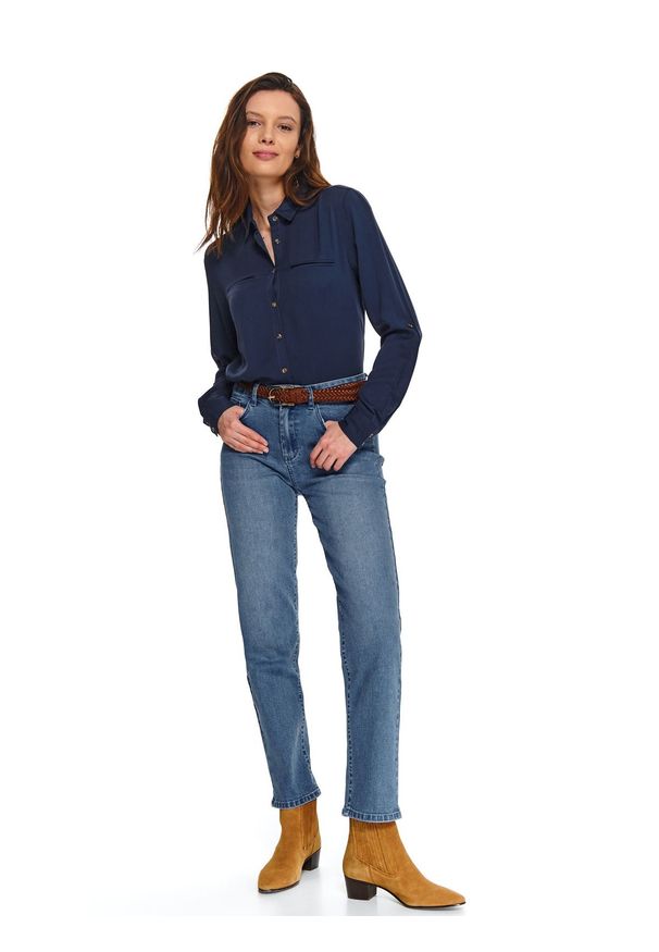 TOP SECRET - Koszula damska gładka z długim rękawem. Kolor: niebieski. Materiał: jeans. Długość rękawa: długi rękaw. Długość: długie. Wzór: gładki. Sezon: wiosna. Styl: elegancki