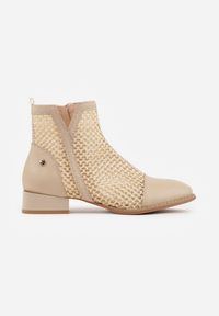 Renee - Beżowe Plecione Botki z Wkładką ze Skóry Naturalnej Nadelle. Kolor: beżowy. Materiał: skóra. Wzór: haft. Styl: elegancki, boho #7