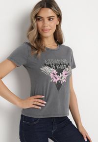 Born2be - Szary T-shirt z Bawełny w Rockowym Stylu z Nadrukiem Arqunita. Kolor: szary. Materiał: bawełna. Wzór: nadruk. Styl: rockowy