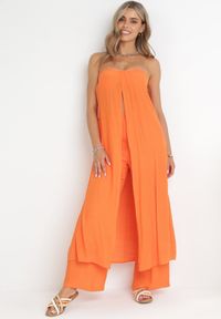 Born2be - Pomarańczowy 2-częściowy Komplet Szerokie Spodnie z Gumką i Przedłużany Top Nanisa. Kolor: pomarańczowy. Materiał: tkanina, wiskoza. Wzór: gładki #1
