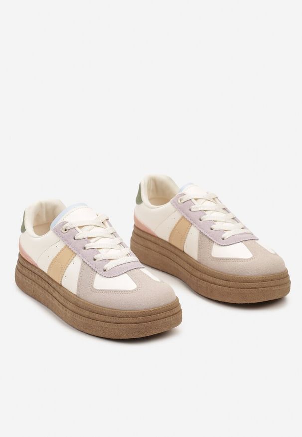 Renee - Beżowo-Fioletowe Sneakersy na Grubej Podeszwie z Ozdobnymi Przeszyciami Ysdole. Kolor: beżowy. Materiał: materiał. Obcas: na platformie