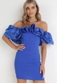 Born2be - Granatowa Sukienka Dopasowana z Falbanami Acore. Kolor: niebieski. Styl: elegancki #5