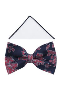 Modini - Granatowa mucha w czerwone kwiaty A390. Kolor: wielokolorowy, czerwony, niebieski. Materiał: poliester, tkanina. Wzór: kwiaty. Styl: elegancki #1