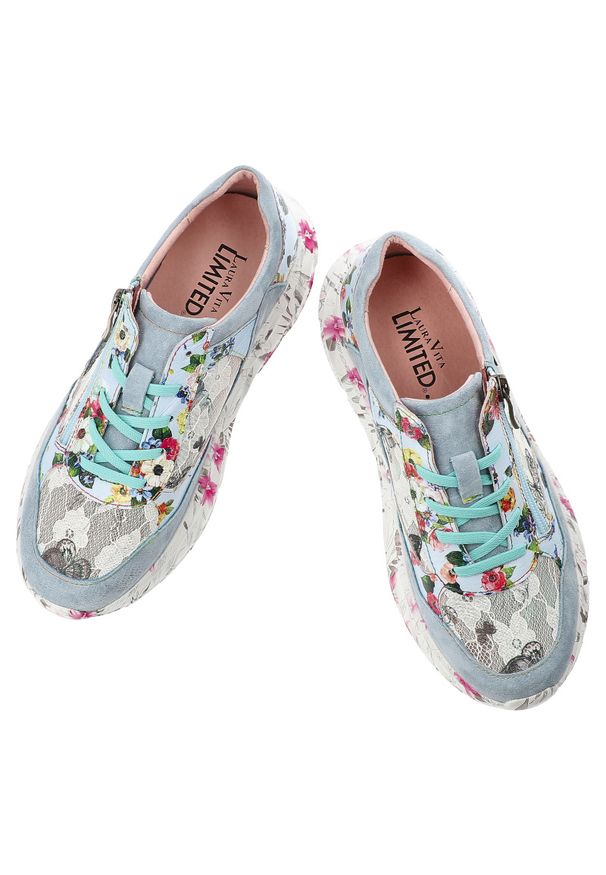 Sneakersy damskie Laura Vita, sznurowana cholewka z dekoracyjnym zamkiem oraz masywna podeszwa z nadrukiem na bokach, niebieskie, 06 SL2179-6B. Okazja: na spacer, na co dzień. Zapięcie: zamek. Kolor: niebieski. Szerokość cholewki: normalna. Wzór: nadruk. Sezon: wiosna, lato. Styl: casual