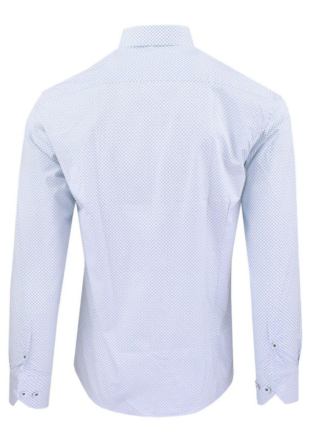 Męska Koszula, Taliowana (Slim Fit) - Rigon - Biel, Wzór. Okazja: na spotkanie biznesowe, do pracy. Materiał: poliester, elastan, bawełna. Długość rękawa: długi rękaw. Długość: długie. Styl: biznesowy, elegancki, wizytowy