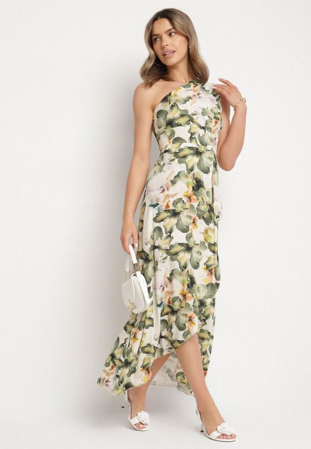 Born2be - Ciemnozielona Wiskozowa Kwiatowa Sukienka o Asymetrycznym Kroju Lironia. Okazja: na co dzień. Kolor: zielony. Materiał: wiskoza. Wzór: kwiaty. Sezon: wiosna, lato. Typ sukienki: asymetryczne. Styl: casual, elegancki