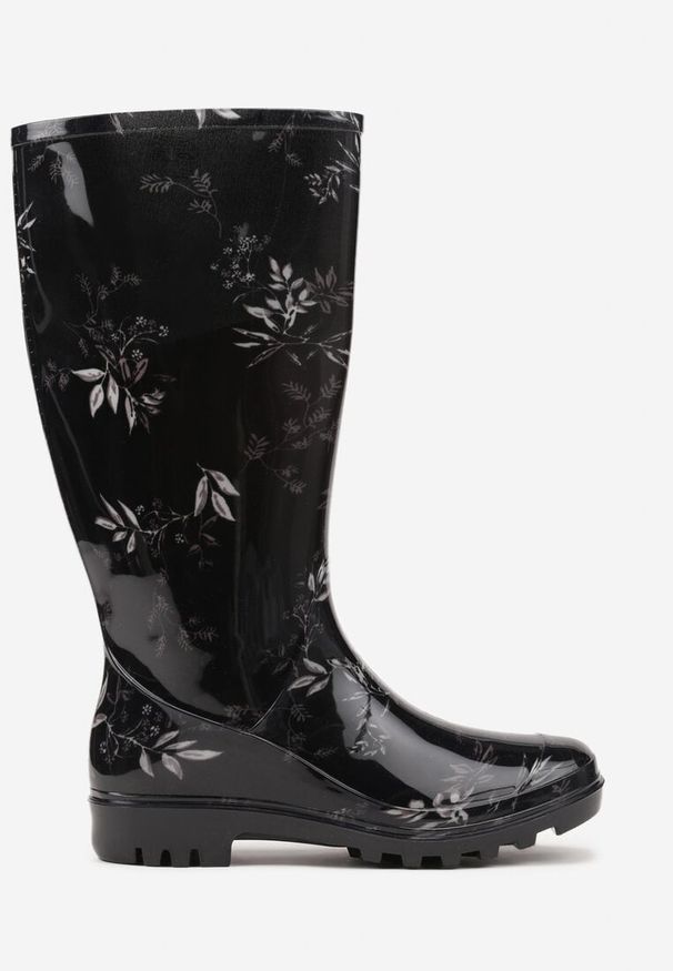 Renee - Czarne Kalosze Ozdobione Motywem Liści Rilireia. Okazja: na co dzień, na spacer. Kolor: czarny. Materiał: jeans. Wzór: aplikacja. Styl: casual