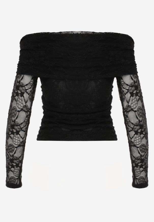 Born2be - Czarna Koronkowa Elegancka Bluzka z Wywiniętym Dekoltem Zinvalur. Okazja: na co dzień, na imprezę. Kolor: czarny. Materiał: koronka. Styl: elegancki