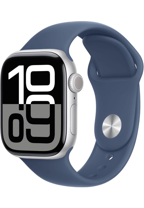 APPLE - Smartwatch Apple Watch Watch Series 10 GPS 42mm Silver Aluminium Case with Sport Band S/M - Denim. Rodzaj zegarka: smartwatch. Materiał: denim. Styl: sportowy
