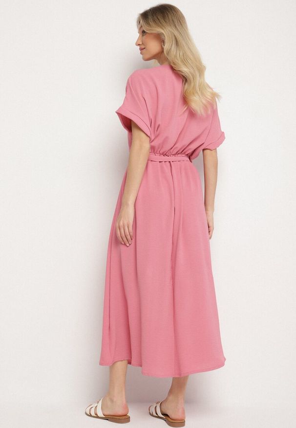 Born2be - Różowa Sukienka z Bawełną i Ozdobnym Paskiem Lunistra. Okazja: na co dzień. Kolor: różowy. Materiał: bawełna. Wzór: aplikacja. Styl: klasyczny, casual, elegancki
