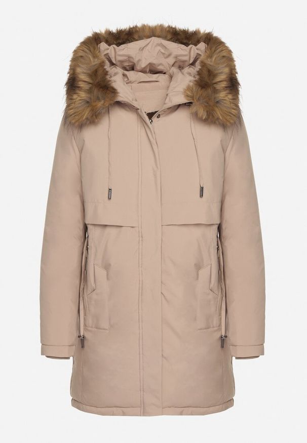 Born2be - Beżowa Casualowa Kurtka Parka z Kapturem z Futerkiem Nallorea. Okazja: na co dzień. Typ kołnierza: kaptur. Kolor: beżowy. Materiał: futro. Styl: casual