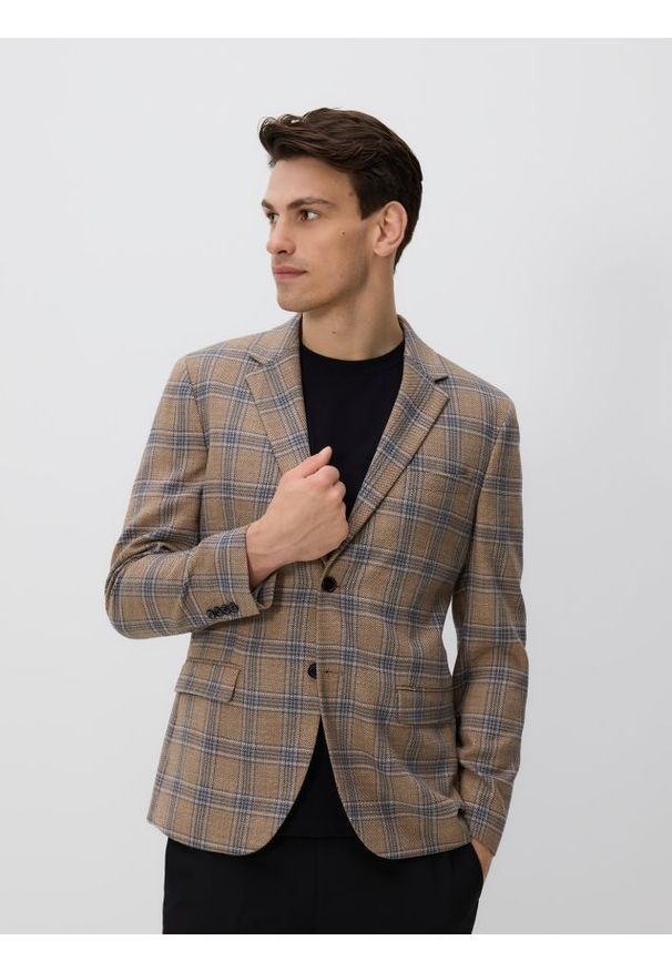 Reserved - Marynarka slim fit w kratę - beżowy. Kolor: beżowy. Materiał: wiskoza, tkanina