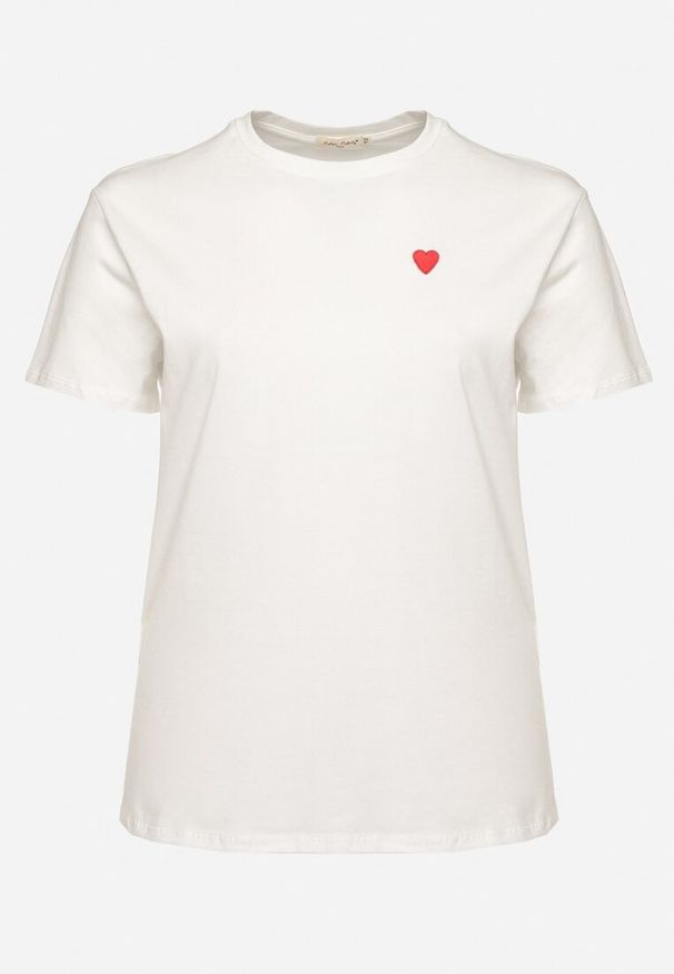 Born2be - Biały Bawełniany T-shirt Ozdobiony Sercem Tolianee. Okazja: na co dzień. Kolor: biały. Materiał: bawełna. Wzór: aplikacja. Styl: klasyczny, casual