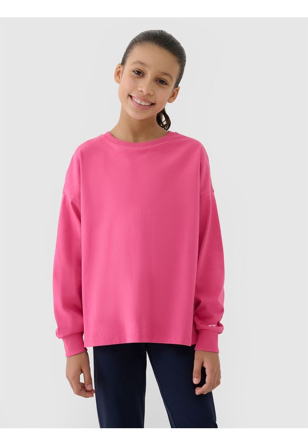 4f - 4F Longsleeve oversize gładki dziewczęcy - różowy 140 (9-10 lat). Okazja: na co dzień. Kolor: różowy. Materiał: jersey, bawełna, dzianina. Długość rękawa: długi rękaw. Długość: długie. Wzór: gładki. Sezon: lato. Styl: sportowy, klasyczny, casual
