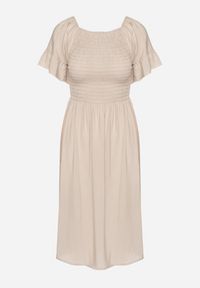 Born2be - Jasnobeżowa Rozkloszowana Sukienka Bawełniana z Bufiastymi Rękawami i Elastyczną Górą Veliova. Okazja: na co dzień. Kolor: beżowy. Materiał: bawełna. Styl: casual, elegancki #2