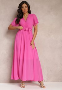 Renee - Fuksjowa Plisowana Sukienka z Kopertowym Dekoltem i Gumką w Talii Dimitris. Kolor: różowy. Materiał: materiał. Typ sukienki: kopertowe #5