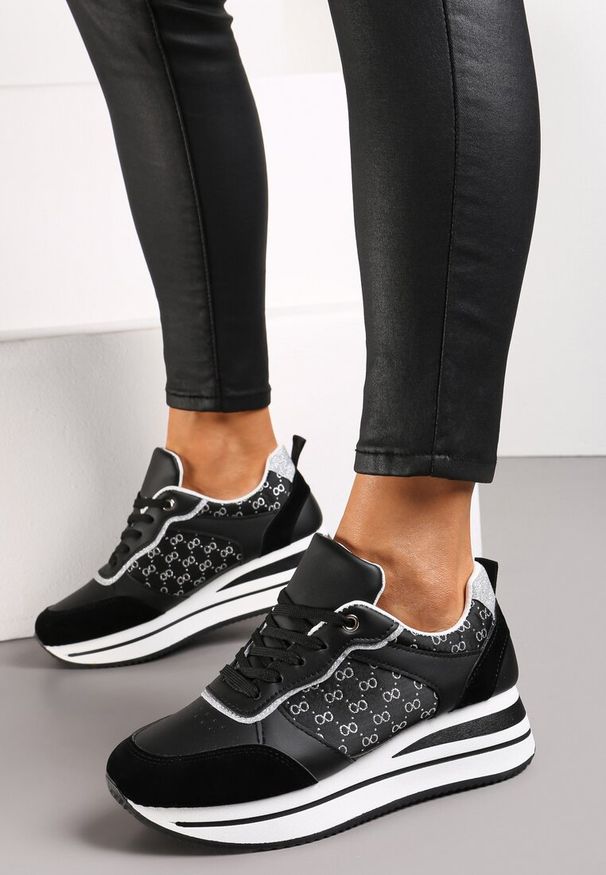 Renee - Czarne Sneakersy z Brokatem na Grubej Podeszwie Hilena. Okazja: na co dzień. Kolor: czarny