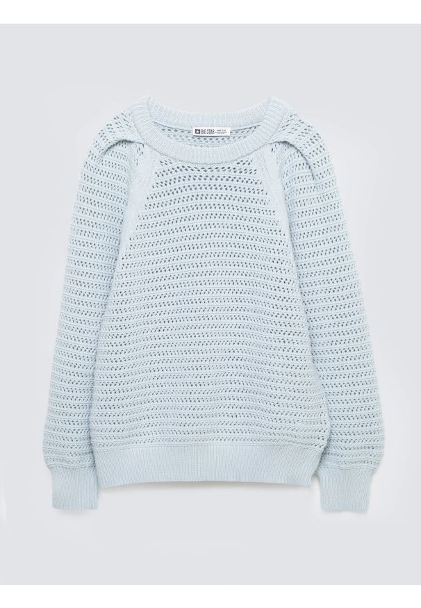 Big-Star - Sweter damski o ażurowym splocie błękitny Funia 400. Kolor: niebieski. Materiał: bawełna, jeans. Długość rękawa: raglanowy rękaw. Wzór: ze splotem, ażurowy. Sezon: wiosna. Styl: elegancki, klasyczny