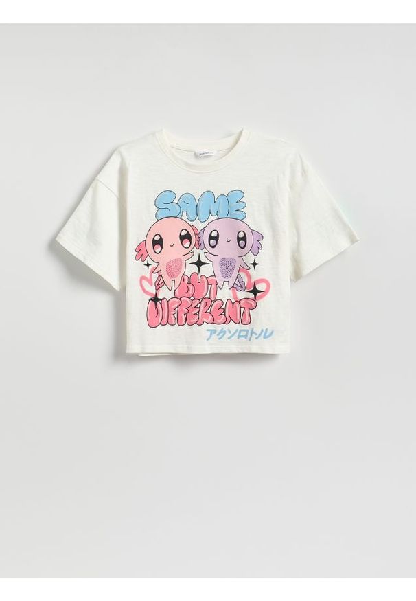 Reserved - Luźny t-shirt z nadrukiem Axolotla - złamana biel. Materiał: bawełna. Wzór: nadruk