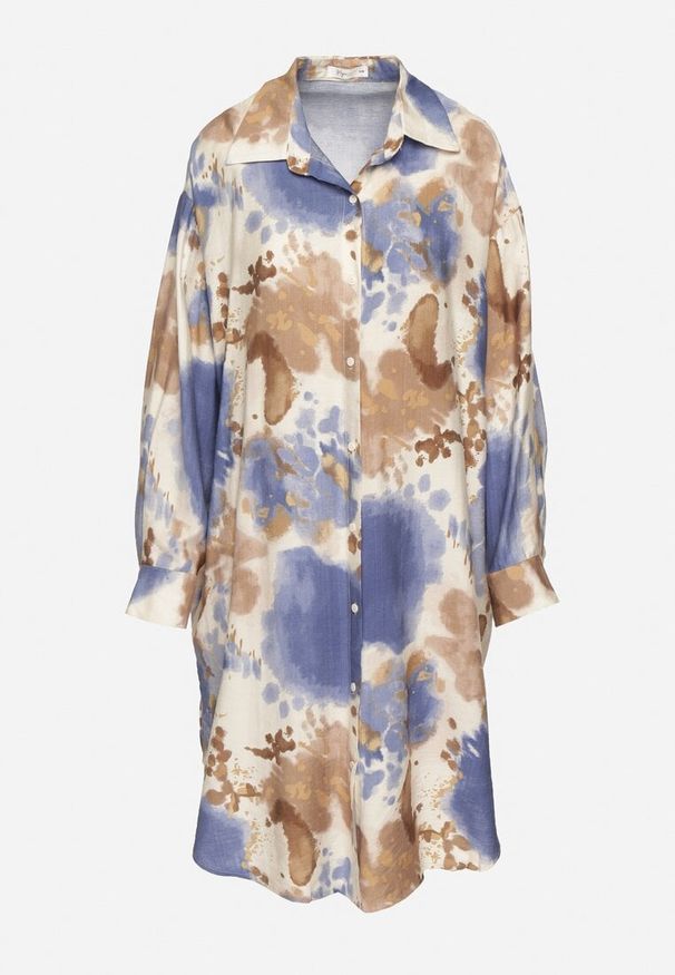 Born2be - Niebieska Sukienka Koszulowa Oversize z Wiskozy w Abstrakcyjny Wzór Gonania. Okazja: na co dzień. Typ kołnierza: kołnierzyk klasyczny. Kolor: niebieski. Materiał: wiskoza. Długość rękawa: długi rękaw. Typ sukienki: oversize, koszulowe. Styl: casual, elegancki, klasyczny
