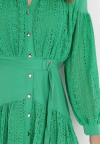 Born2be - Zielona Sukienka Callessa. Typ kołnierza: kołnierzyk stójkowy. Kolor: zielony. Materiał: materiał, tkanina, koronka. Długość rękawa: długi rękaw. Wzór: ażurowy, jednolity, koronka, gładki. Długość: mini #3