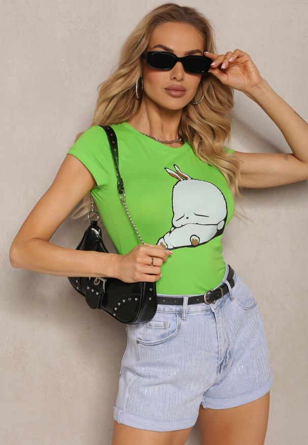 Renee - Jasnozielony T-shirt z Bawełny z Ozdobnym Nadrukiem Janesto. Kolor: zielony. Materiał: bawełna. Wzór: nadruk. Sezon: lato