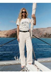 Big-Star - Spodnie damskie wide z domieszką lnu białe Malusi 100. Stan: podwyższony. Kolor: biały. Materiał: len. Wzór: kolorowy. Sezon: lato. Styl: elegancki #6