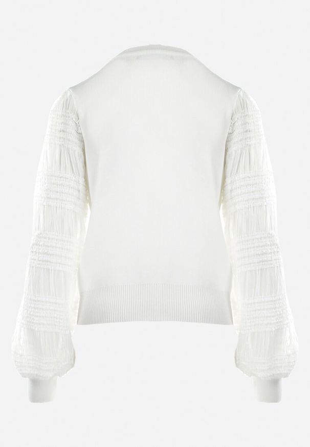 Born2be - Biała Bluzka z Bufiastymi Transparentnymi Rękawami Flimona. Okazja: na co dzień. Kolor: biały. Materiał: prążkowany, dzianina, jeans. Styl: casual, elegancki