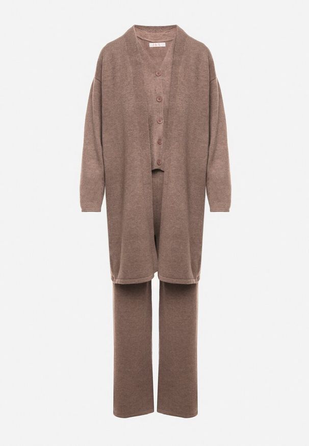 Born2be - Brązowy Komplet z Dzianiny z Wełną Spodnie Kardigan i Kamizelka na Guziki Meviseffa. Kolor: brązowy. Materiał: dzianina, wełna