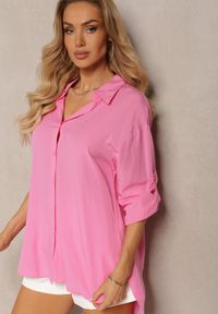 Renee - Różowa Koszula z Lnem Zapinana na Guziki z Regulowanymi Rękawami Tesata. Kolor: różowy. Materiał: len #2