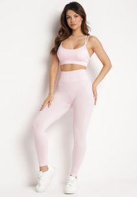 Born2be - Jasnoróżowy Komplet Sportowy Biustonosz na Ramiączkach i Legginsy z Gumką w Pasie Nadlira. Kolor: różowy. Sport: fitness #1
