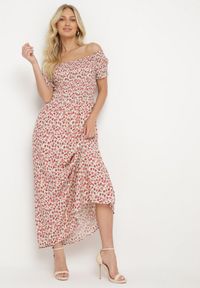 Born2be - Różowo-Zielona Sukienka z Wiskozy Cheri. Typ kołnierza: dekolt hiszpanka. Kolor: różowy. Materiał: wiskoza. Wzór: kwiaty. Sezon: lato. Typ sukienki: rozkloszowane. Długość: maxi #2