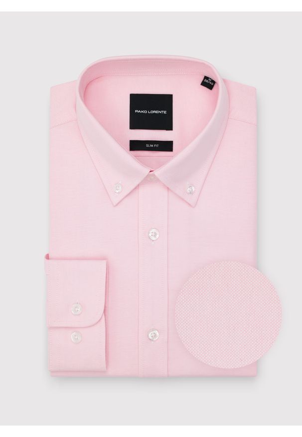 Pako Lorente - PAKO LORENTE – Różowa koszula męska. Typ kołnierza: button down. Kolor: biały, różowy. Materiał: poliester, bawełna. Długość rękawa: długi rękaw. Długość: długie