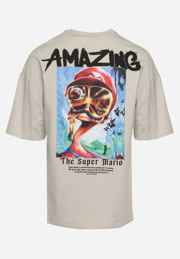 Born2be - Szara Koszulka Bawełniana Oversize z Nadrukiem z Przodu i na Plecach Mannesha. Kolor: szary. Materiał: bawełna. Wzór: nadruk