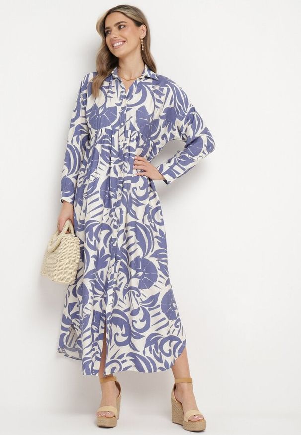 Born2be - Biało-Fioletowa Sukienka Szmizjerka Zapinana na Guziki z Falbanką Lavernia. Okazja: na co dzień, na randkę. Typ kołnierza: dekolt w kształcie V, kołnierz z falbankami. Kolor: biały. Materiał: materiał, wiskoza, jeans, tkanina. Długość rękawa: długi rękaw. Sezon: lato. Typ sukienki: szmizjerki. Styl: klasyczny, casual, elegancki