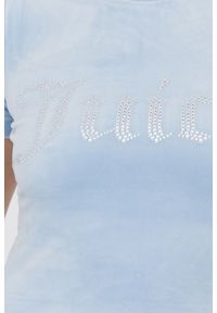 Juicy Couture - JUICY COUTURE Błękitny welurowy t-shirt z błyszczącym logo. Kolor: niebieski. Materiał: welur