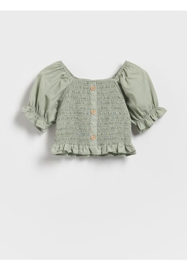 Reserved - Krótka bluzka hiszpanka - oliwkowy. Typ kołnierza: dekolt hiszpanka. Kolor: oliwkowy. Materiał: bawełna. Długość: krótkie