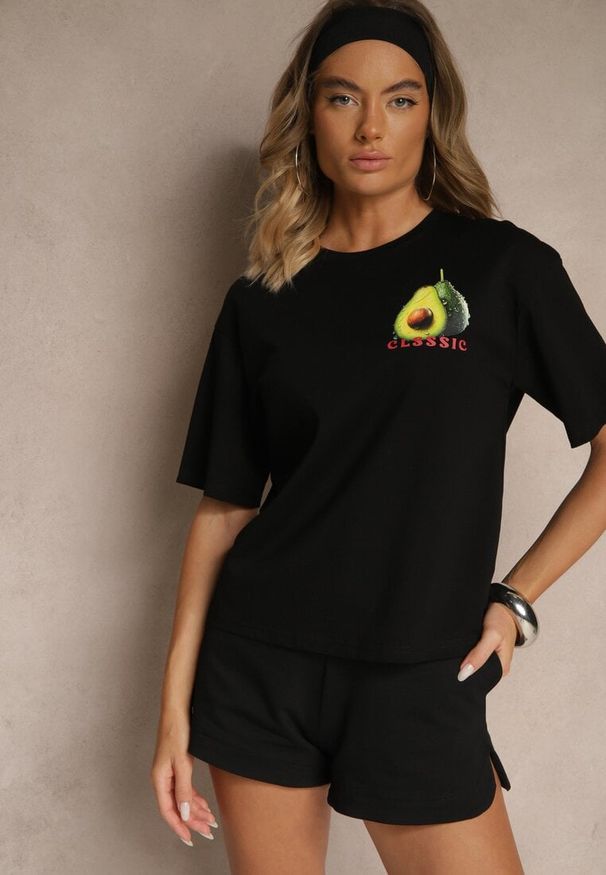 Renee - Czarny T-shirt z Bawełną ze Wzorem Awokado Tilannia. Okazja: na co dzień. Kolor: czarny. Materiał: bawełna. Styl: casual