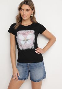 Born2be - Czarny Bawełniany T-shirt z Nadrukiem Motyla i Cyrkoniami Uliriela. Okazja: na co dzień. Kolor: czarny. Materiał: bawełna. Wzór: nadruk. Sezon: lato. Styl: klasyczny, casual #4