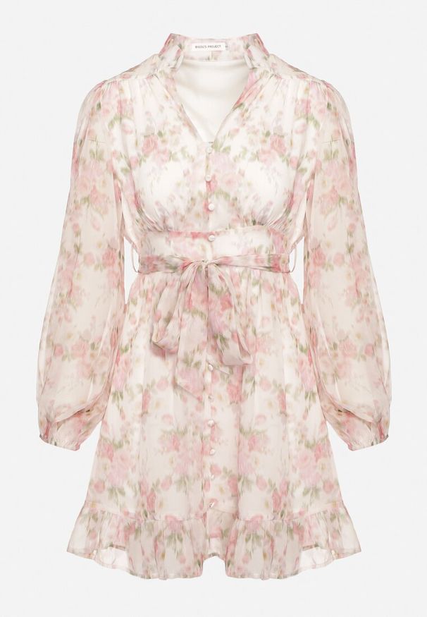 Born2be - Biało-Różowa Sukienka Rozkloszowana z Materiałowym Paskiem w Talii Ozdobiona Falbankami Kleviorna. Okazja: na spotkanie biznesowe, do pracy. Typ kołnierza: kołnierz z falbankami. Kolor: różowy. Materiał: materiał. Wzór: aplikacja. Typ sukienki: rozkloszowane. Styl: biznesowy, elegancki