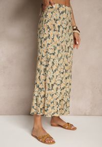 Renee - Zielono-Beżowa Rozkloszowana Spódnica z Wiskozy High Waist Fevanice. Okazja: na co dzień. Stan: podwyższony. Kolor: zielony. Materiał: wiskoza. Styl: casual, elegancki #4